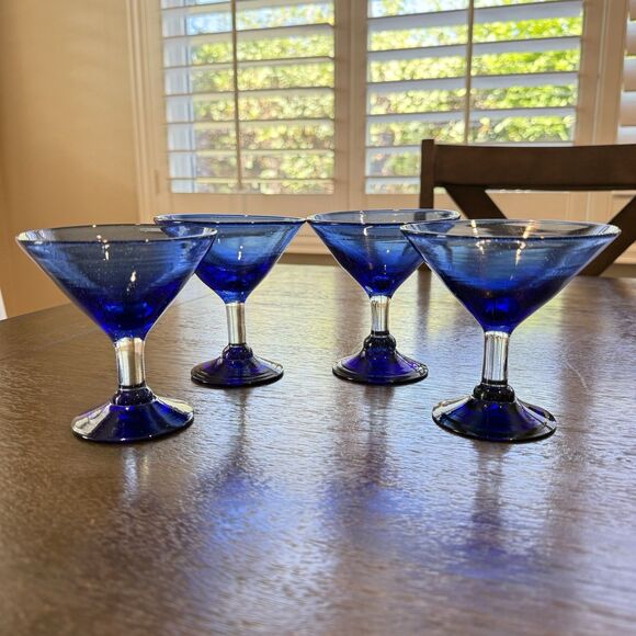 Set of 4 Hand Blown Cobalt Blue Martini / Cocktail Glasses – Clear Stem, Vintage - Picture 1 of 16